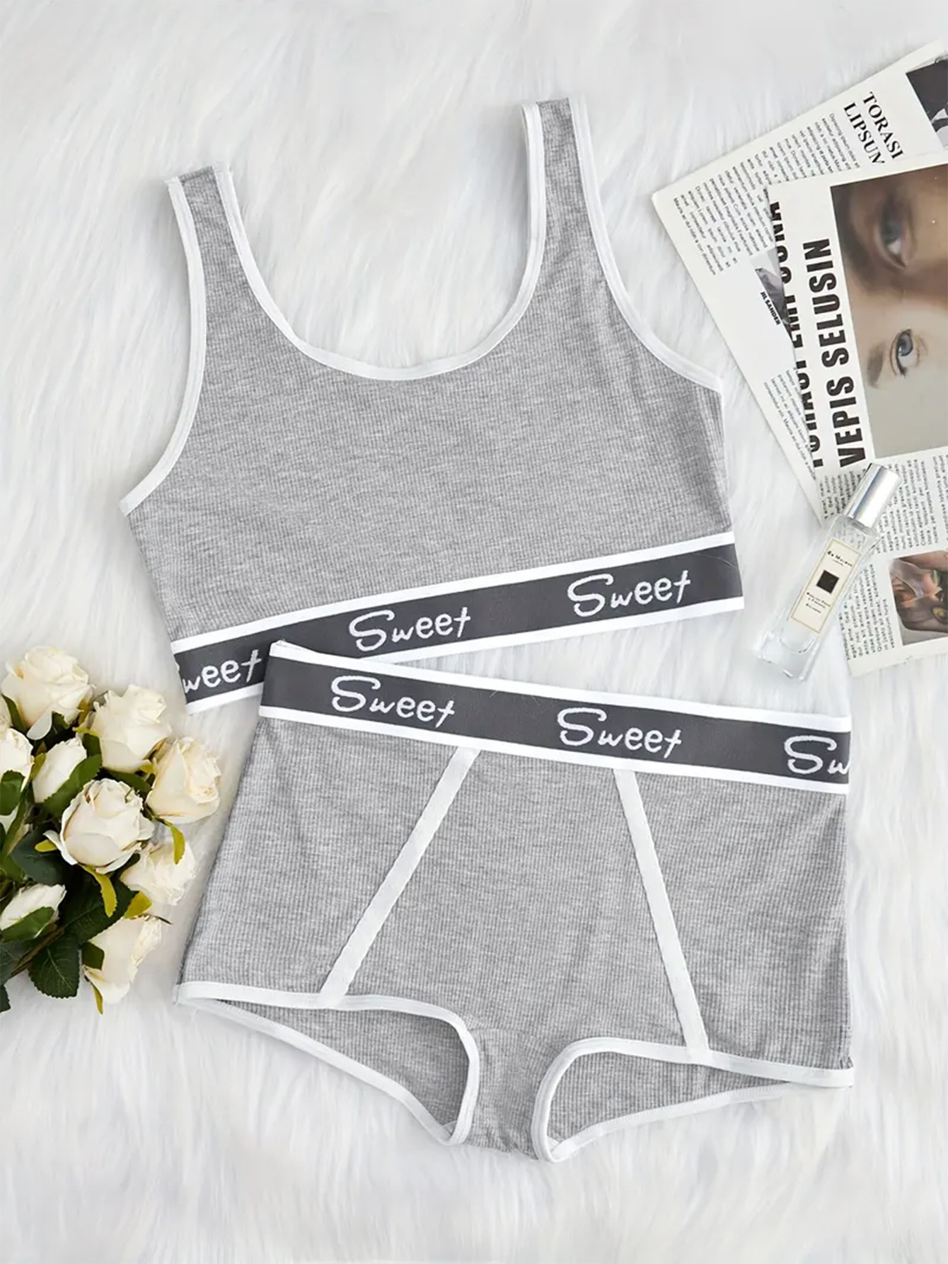 "Letter Print Bra Panties Ribbed Wireless Bra Elastic Panties "